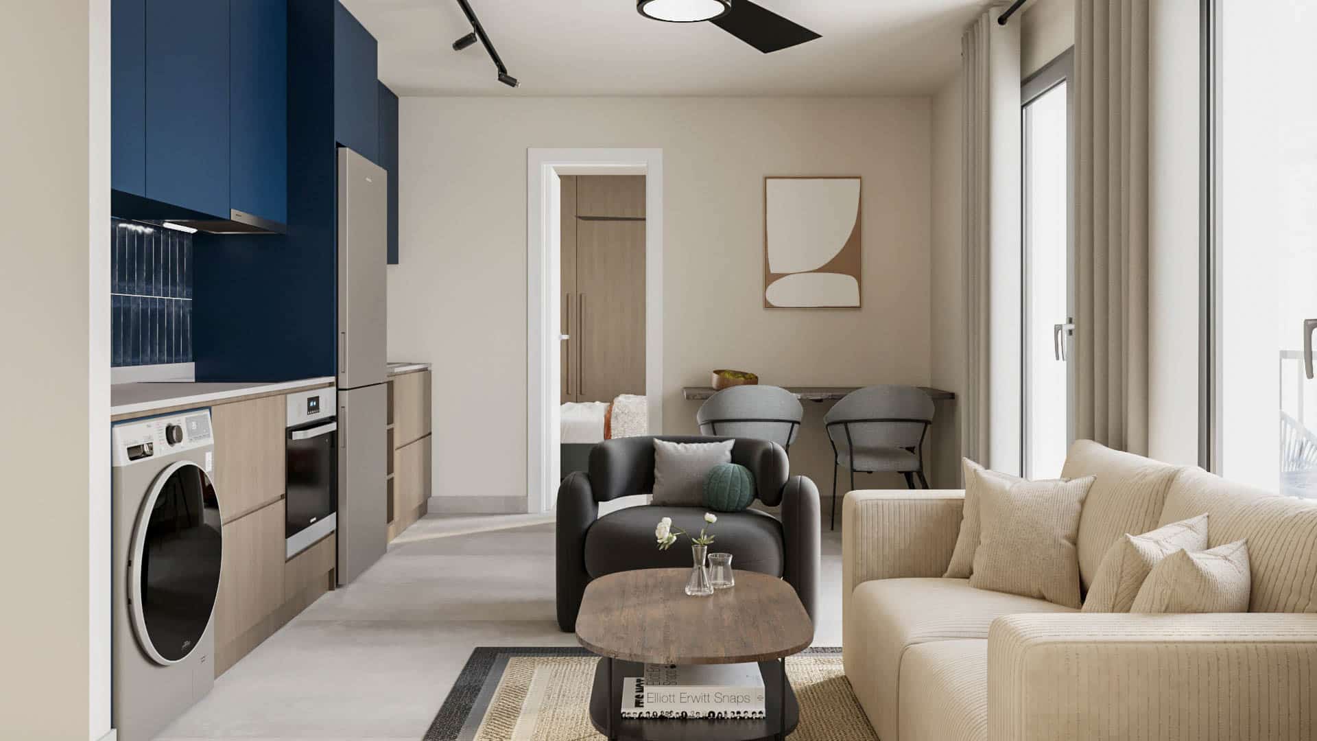 פרויקט Acharnon הדמיית פנים של הסלון והמטבח