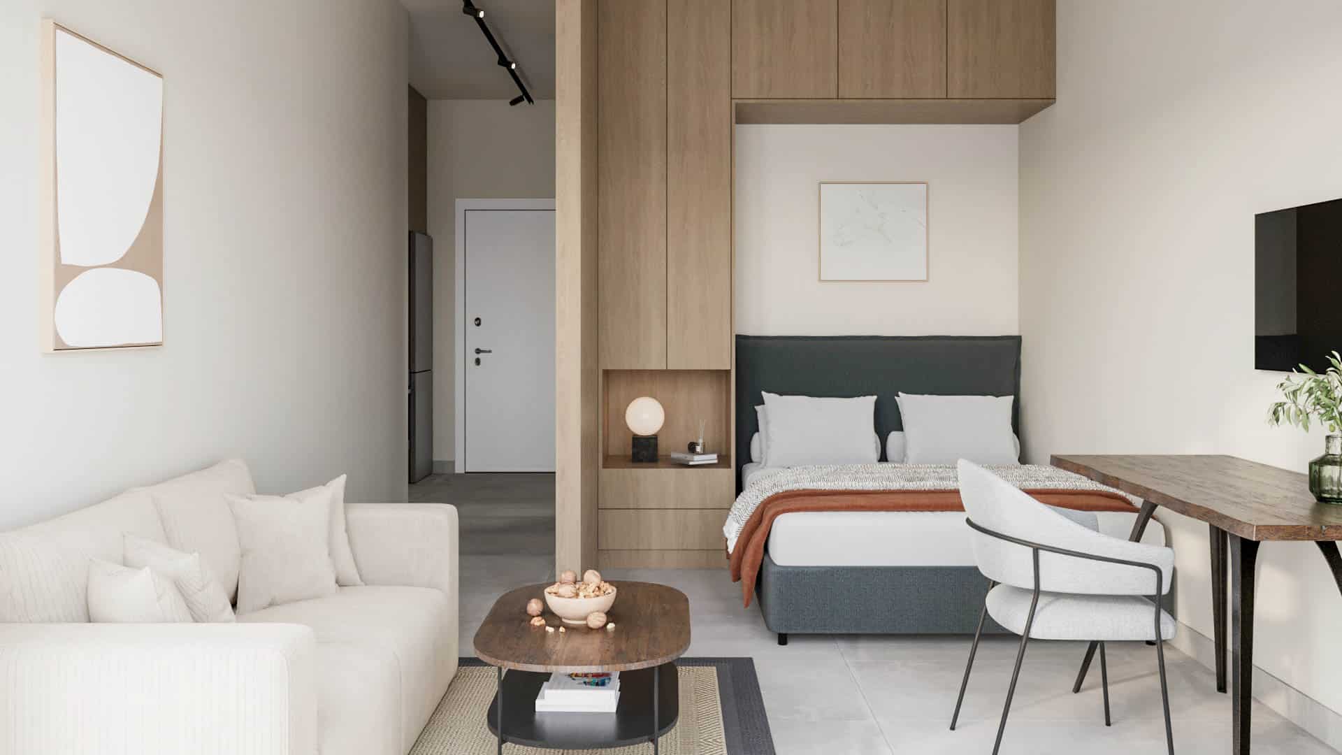 פרויקט Acharnon הדמיית פנים של חדר השינה והסלון